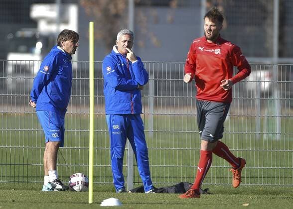 SOCCER - AUT vs SUI, friendly match, preview VIENNA,AUSTRIA,14.NOV.15 - SOCCER - OEFB international match Länderspiel Austria vs Switzerland, friendly match, preview, training team SUI. Image shows assistent coach Antonio Manicone and head coach Vladimir Petkovic (SUI). GEPAxpictures xM.xHoermandinger