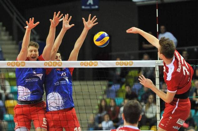 14.11.2015, xtkx, Volleyball 1.Bundesliga, United Volleys Frankfurt - TV Ingersoll Bühl, emspor v.l. Lukas Bauer (United Volleys), Moritz Reichert (United Volleys) , Paul Buchegger (TV buehl) ,