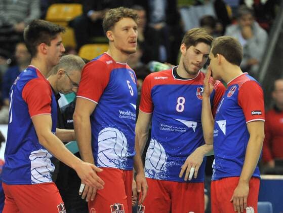 14.11.2015, xtkx, Volleyball 1.Bundesliga, United Volleys Frankfurt - TV Ingersoll Bühl, emspor v.l. Moritz Reichert (United Volleys) , Lukas Bauer (United Volleys), Jan Kobucar (United Volleys) , Jan Zimmermann (United Volleys) ,