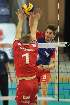 14.11.2015, xtkx, Volleyball 1.Bundesliga, United Volleys Frankfurt - TV Ingersoll Bühl, emspor v.l. Jan Kobucar (United Volleys) , Graham McIlvaine (TV Buehl) ,
