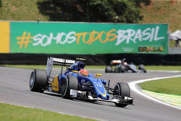 Brazilian Grand Prix, Sao Paulo 12 - 15 November 2015 14.11.2015 - Free Practice 3, Felipe Nasr (BRA) Sauber C34 leads Jenson Button (GBR) McLaren Honda MP4-30. 