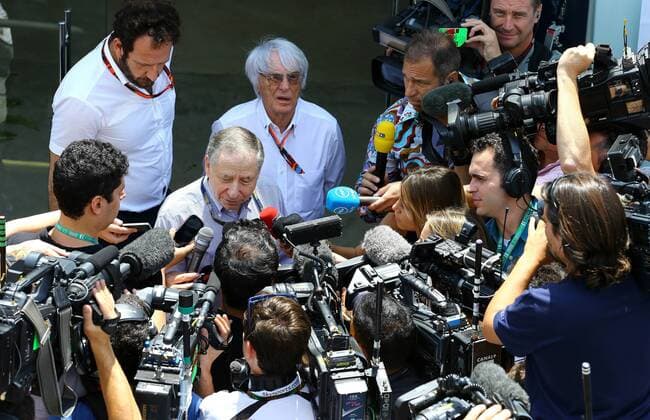 Brazil Grand Prix Formula 1 in 2015 SAO PAULO, Brazil - 11 14 2015: BIG FORMULA OF BRAZIL AWARD 1 2015 - Jean Todt and Bernie Ecclestone in an interview before practice for the Brazil Grand Prix Formula 1 in 2015, held at the Interlagos circuit. (Photo: Rodolfo Buhrer La Picture FotoArena)  RodolfoxBuhrer