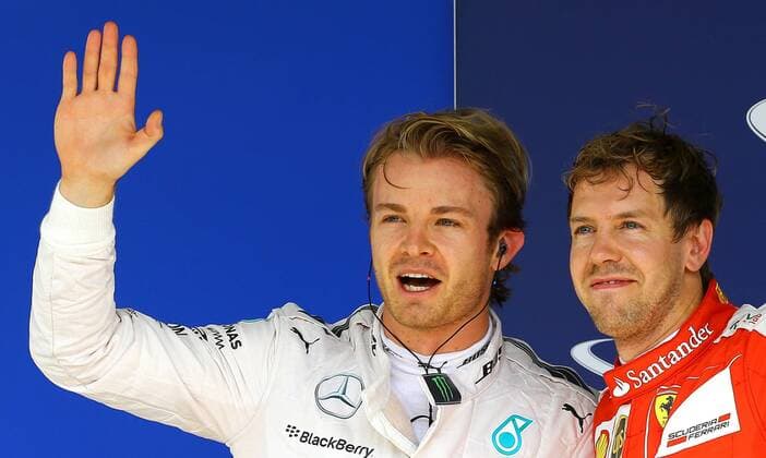 Brazil Grand Prix Formula 1 in 2015 SAEO PAULO, Brazil - 11 14 2015: BIG FORMULA FOR BRAZIL& 39;S PRO 1 O 1 2015 - Nico Rosberg GER, celebrates the first ? posiç? with Sebastian Vettel third during practice for the Grand Prêmio Brazil& 39;s For 1 a 1 2015 autódromo held at Interlagos. (Photo: Rodolfo Buhrer La Picture FotoArena)  RodolfoxBuhrer