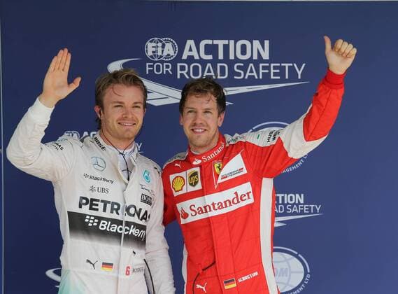 Brazil Grand Prix Formula 1 in 2015 SAO PAULO, Brazil - 11 14 2015: Brazil Grand Prix Formula 1 2015 - Nico and Vettel during practice for Brazil Grand Prix Formula 1 in 2015, held at the Interlagos Circuit. (Photo: Beto Issa FotoArena)  BetoxIssa