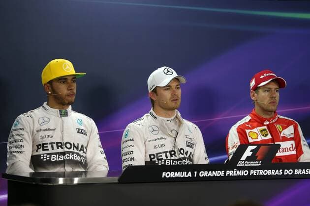 Brazilian Grand Prix, Sao Paulo 12 - 15 November 2015 14.11.2015 - Qualifying, press conference PK Pressekonferenz Lewis Hamilton (GBR) Mercedes AMG F1 W06, Nico Rosberg (GER) Mercedes AMG F1 W06 and Sebastian Vettel (GER) Scuderia Ferrari SF15-T 