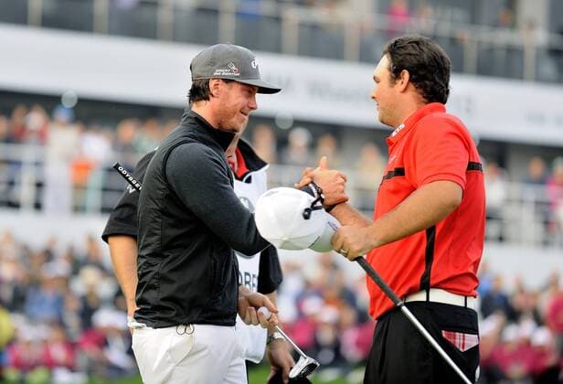Nov. 15, 2015 - Shanghai, People s Republic of China - KRISTOFFER BROBERG of Sweden is congratulated by Patrick Reed of the United States after winning the BMW Masters at Lake Malaren Golf Club in Shanghai. Golf 2015 - Shanghai Masters - Day 4  - ZUMAm119