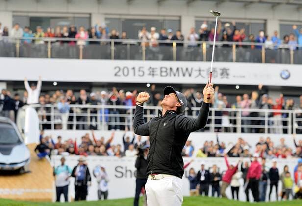 Nov. 15, 2015 - Shanghai, People s Republic of China - KRISTOFFER BROBERG of Sweden celebrating after winning the BMW Masters at Lake Malaren Golf Club in Shanghai. Golf 2015 - Shanghai Masters - Day 4  - ZUMAm119
