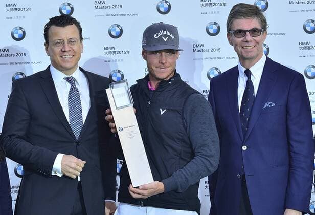 Nov. 15, 2015 - Shanghai, People s Republic of China - KRISTOFFER BROBERG of Sweden poses with the trophy after winning the BMW Masters at Lake Malaren Golf Club in Shanghai. Golf 2015 - Shanghai Masters - Day 4  - ZUMAm119