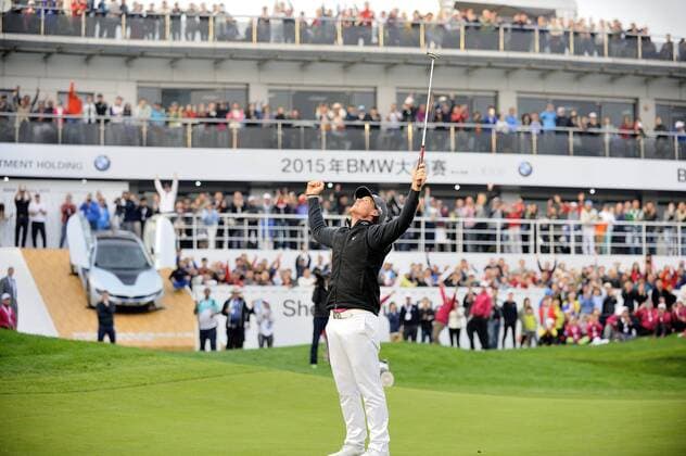 Nov. 15, 2015 - Shanghai, People s Republic of China - KRISTOFFER BROBERG of Sweden celebrating after winning the BMW Masters at Lake Malaren Golf Club in Shanghai. Golf 2015 - Shanghai Masters - Day 4  - ZUMAm119