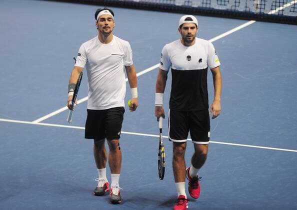 Tennis - 2015 ATP Tennis Herren World Tour Finals at The O2 - Day One Mens Doubles : Jamie Murray (GBR) and John Peers (AUS) vs. Simone Bolelli and Fabio Fognini (Italy) Simone Bolelli - right and Fabio Fognini (Italy) COLORSPORT ANDREW COWIE 