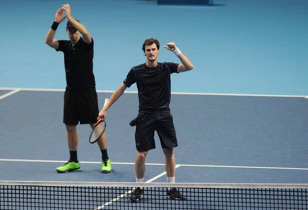 Tennis - 2015 ATP Tennis Herren World Tour Finals at The O2 - Day One Group :Ashe Smith :Mens Doubles : Jamie Murray (GBR) and John Peers (AUS) vs. Simone Bolelli and Fabio Fognini (Italy) Jamie Murray and John Peers celebrate their win COLORSPORT ANDREW COWIE 