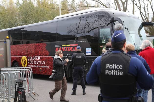 - BRUSSELS, BELGIUM: Illustration picture shows a security checkpoint before a training session of the Red Devils, the Belgian national soccer team, Sunday 15 November 2015, in Brussels. Next Tuesday the team plays against Spain in preparation of Euro2016. BRUNOxFAHY  x04740861x