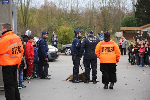 - BRUSSELS, BELGIUM: Illustration picture shows a security checkpoint before a training session of the Red Devils, the Belgian national soccer team, Sunday 15 November 2015, in Brussels. Next Tuesday the team plays against Spain in preparation of Euro2016. BRUNOxFAHY  x04740864x