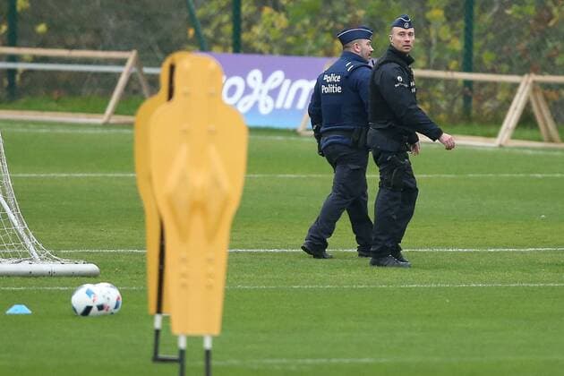 - BRUSSELS, BELGIUM: Illustration picture shows policemen during a training session of the Red Devils, the Belgian national soccer team, Sunday 15 November 2015, in Brussels. Next Tuesday the team plays against Spain in preparation of Euro2016. BRUNOxFAHY  x04740906x