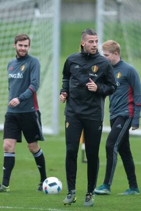 - BRUSSELS, BELGIUM: Belgium s Nicolas Lombaerts and Belgium s Toby Alderweireld pictured during a training session of the Red Devils, the Belgian national soccer team, Sunday 15 November 2015, in Brussels. Next Tuesday the team plays against Spain in preparation of Euro2016. BRUNOxFAHY  x04740909x