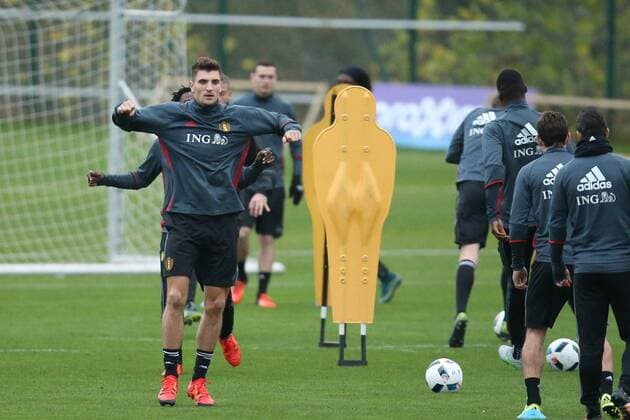 - BRUSSELS, BELGIUM: Belgium s Thomas Meunier pictured during a training session of the Red Devils, the Belgian national soccer team, Sunday 15 November 2015, in Brussels. Next Tuesday the team plays against Spain in preparation of Euro2016. BRUNOxFAHY  x04740914x