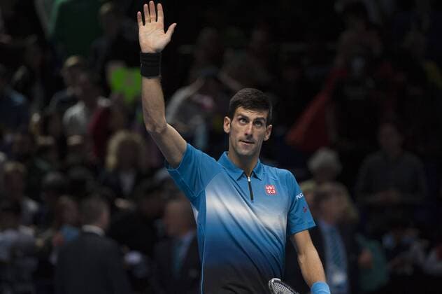 15.11.2015. The O2, London, England. ATP Tennis Herren Tennis Tour Finals. Day 1. Novak Djokovic (SRB) 1 celebrates his win over Kei Nishikori (JPN) 8 . Novak Djokovic won the match 6-1, 6-1. xStephenxBartholomewx  ActionPlus11681864