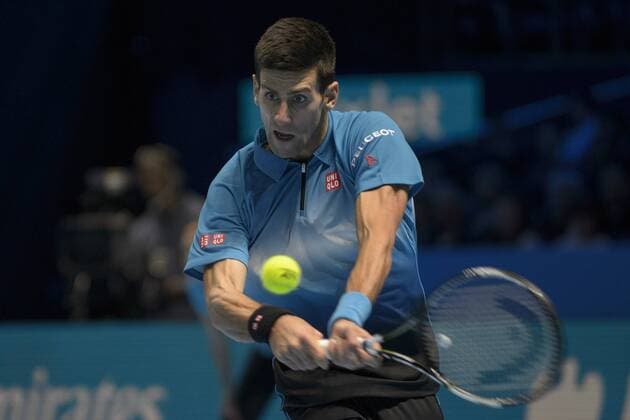 15.11.2015. The O2, London, England. ATP Tennis Herren Tennis Tour Finals. Day 1. Novak Djokovic (SRB) 1 in action in his match against Kei Nishikori (JPN) 8 . Novak Djokovic won the match 6-1, 6-1. xStephenxBartholomewx  ActionPlus11681885