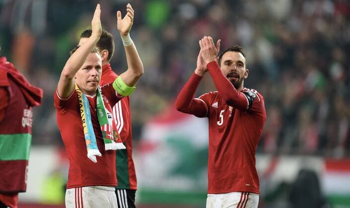 Fotball , 15. november 2014 , Play-off , Hungary - Norway EURO 2016 - Qualification: play-off 2 Hungary -Norway 2-0 jubel Ungarn Balazs Dzsudzak og Attila Kadar , Ungarn 