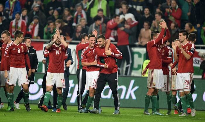 Fotball , 15. november 2014 , Play-off , Hungary - Norway EURO 2016 - Qualification: play-off 2 Hungary -Norway 2-0 jubel Ungarn Adam Nagy 8 , Gergo Lovrencsics 14 , Kriztian Nemeth 11 , Richard Guzmics 20 , Ungarn 