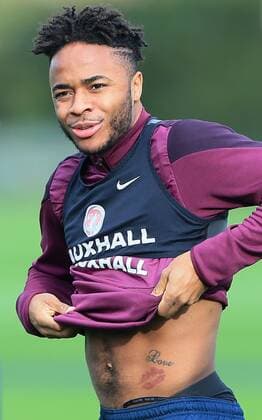 England s Raheem Sterling shows off his love tattoo England Training - Tottenham Hotspur Training Ground - England - 16th November 2015 - Picture David Klein Sportimage EDITORIAL USE ONLY. No use with unauthorised audio, video, data, fixture lists, club league logos or live services. Online in-match use limited to 120 images, no video emulation. No use in betting, games or single club league player publications.