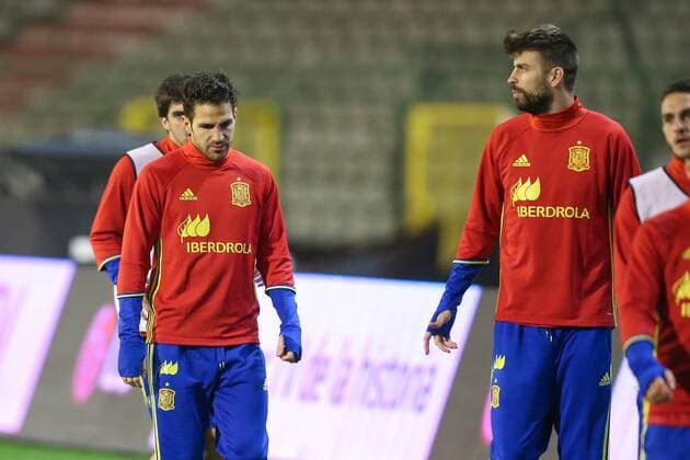 - BRUSSELS, BELGIUM: Spain s Cesc Fabregas and Spain s Gerard Pique pictured during a training session of the Spanish national soccer team, Monday 16 November 2015, in Brussels. Tomorrow Spain is playing the Red Devils, the Belgian national soccer team, in preparation of the Euro2016 European Championships. BRUNOxFAHY  x04741446x