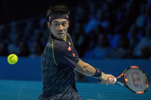 17.11.2015. The O2, London, England. ATP Tennis Herren Tennis Tour Finals. Day 3. Kei Nishikori (JPN) 8 in action in his match against Tomas Berdych (CZE) 6 . Nishikori won the match 7-5, 3-6, 6-3. xStephenxBartholomewx  ActionPlus11682380