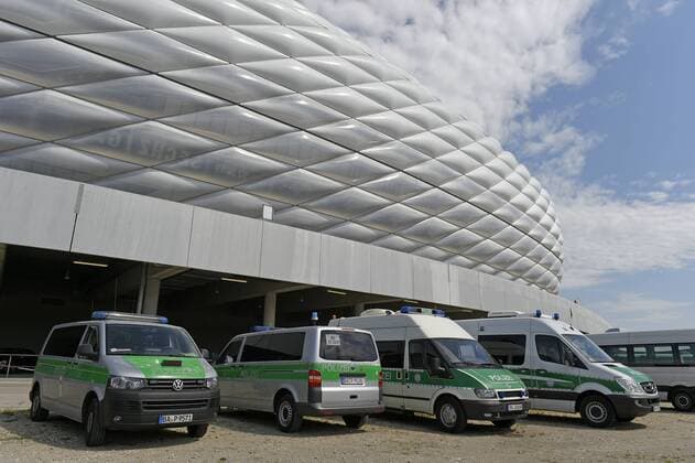 Archivbild! 10.08.2014, Fussball 2.Bundesliga 2014 2015, 2.Spieltag, TSV 1860 München - RB Leipzig, in der Allianz-Arena München. Polizeifahrzeuge an der Allianz-Arena. 