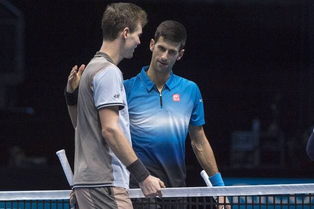 19.11.2015. The O2, London, England. ATP Tennis Herren Tennis Tour Finals. Day 5. Tomas Berdych (CZE) 6 congratulates Novak Djokovic (SRB) 1 after their match. Djokovic won the match in straight sets 6-3, 7-5 xStephenxBartholomewx  ActionPlus11682915