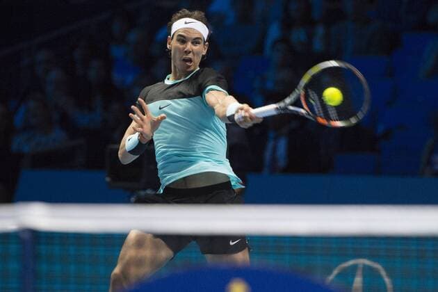 20.11.2015. The O2, London, England. ATP Tennis Herren Tennis Tour Finals. Day 6. Rafael Nadal (ESP) 5 in action in his match against David Ferrer (ESP) 7 . Nadal won the match 7-6, 6-3, 6-4. xStephenxBartholomewx  ActionPlus11683023