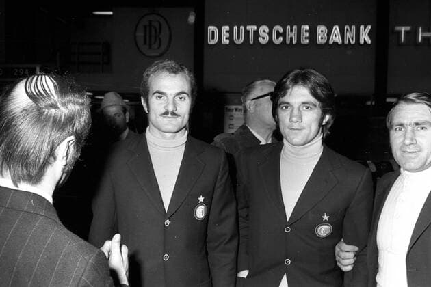Ankunft Inter Mailand am Flughafen Düsseldorf, Sandro Mazzola (li.) und Roberto Boninsegna