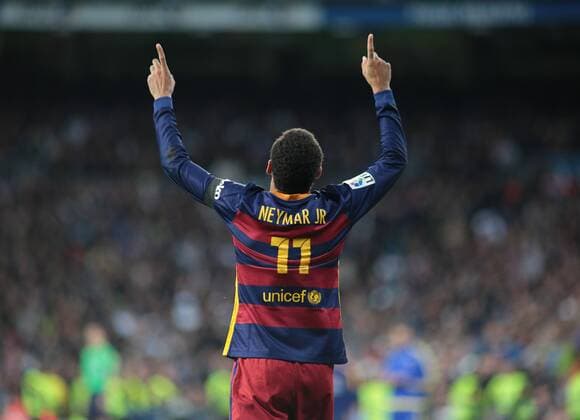 Madrid, Spain. 21th November 2015: Neymar forward from FC Barcelona Barca celebrating after scoring during the Liga BBVA round 12 against Real Madrid CF at the Santiago Bernabeu stadium. (Photo: Ivan Abanades Medina). 