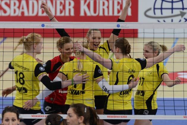 21.11.2015, xtkx, Volleyball 1.Bundesliga Damen, VC Wiesbaden - USC Münster, emspor v.l. USC Muenster,