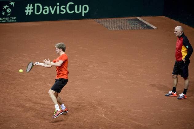 Tennis, Davis Cup Finale in Belgien - Training Belgien - GENT, BELGIUM: Belgian David Goffin pictured during a training practice ahead of the Davis Cup World Group final between Belgium and Great Britain, Tuesday 24 November 2015, at Flanders Expo in Gent. The final will be played from 27 to 29 November 2015 in Gent Flanders Expo. DIRKxWAEM  x04745174x