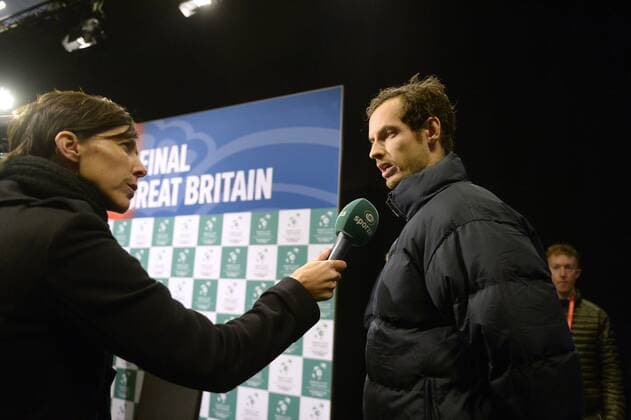 Tennis, Davis Cup Finale in Belgien - PK Großbritannien Inge Van Meensel sporza and Andy Murray of Great Britain TENNIS : Grande Bretagne - Conference de Presse - Coupe Davis - Gand - 24 11 2015 PhotoNews Panoramic 