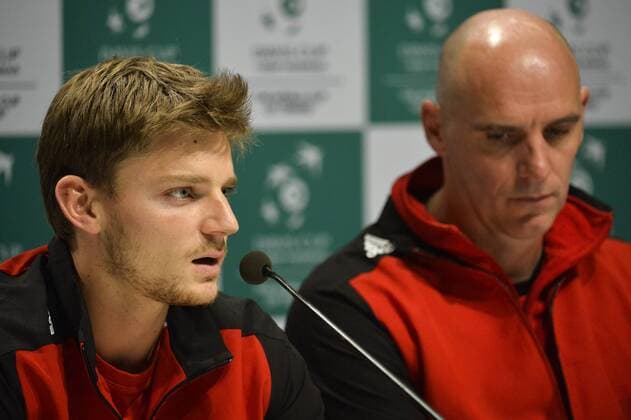 Tennis, Davis Cup Finale in Belgien - PK Belgien - GENT, BELGIUM: Belgian David Goffin and Belgian captain Johan Van Herck pictured during a press conference PK Pressekonferenz ahead of the Davis Cup World Group final between Belgium and Great Britain, Tuesday 24 November 2015, at Flanders Expo in Gent. The final will be played from 27 to 29 November 2015 in Gent Flanders Expo. DIRKxWAEM  x04745343x