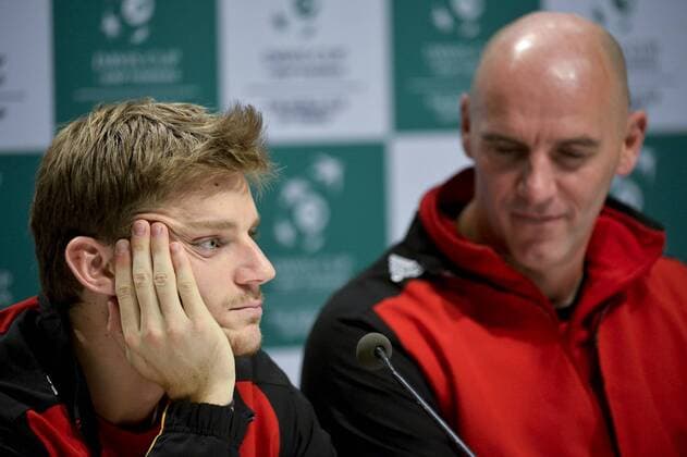 Tennis, Davis Cup Finale in Belgien - PK Belgien - GENT, BELGIUM: Belgian David Goffin and Belgian captain Johan Van Herck pictured during a press conference PK Pressekonferenz ahead of the Davis Cup World Group final between Belgium and Great Britain, Tuesday 24 November 2015, at Flanders Expo in Gent. The final will be played from 27 to 29 November 2015 in Gent Flanders Expo. DIRKxWAEM  x04745344x