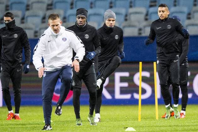 Fußball, Champions League, Paris St. Germain Training 151124 PSG:s Blaise Matuidi, Thiago Silva och Marquinhos under en träning inför fotbollsmatchen i Champions League den 24 november 2015 i Malmö.  Copyright: PETTERxARVIDSON BB151124PA127