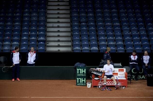 - GENT, BELGIUM: Britain s Andy Murray pictured during a training practice ahead of the Davis Cup World Group final between Belgium and Great Britain, Wednesday 25 November 2015, at Flanders Expo in Gent. The final will be played from 27 to 29 November 2015 in Gent Flanders Expo. DIRKxWAEM  x04745999x