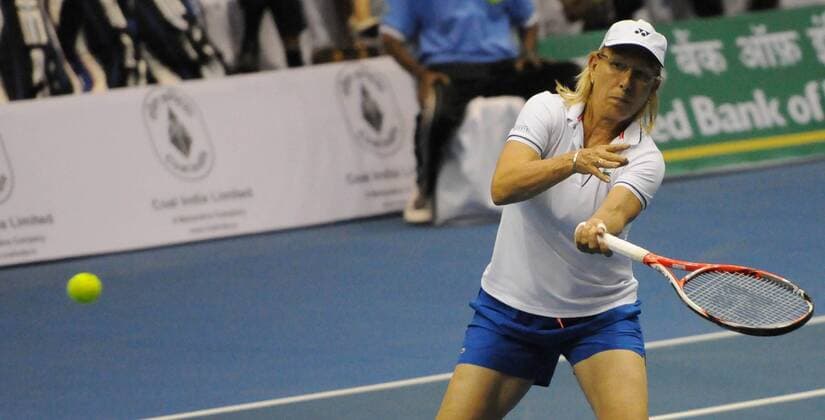 KOLKATA, INDIA - NOVEMBER 25: Czech tennis star Martina Navratilova with Indian tennis player Leander Paes in action match against Indian tennis players Sania Mirza and Mahesh Bhupathi at Kolkata Netaji Indor Stadium, on November 25, 2015 in Kolkata, India. During her visit, Navratilova will play three matches in Kolkata, Hyderabad and New Delhi, as part of International Premier Tennis League s promotional tour. (Photo by Subhankar Chakraborty Hindustan Times ) Czech Tennis Star Martina Navratilova In Kolkata