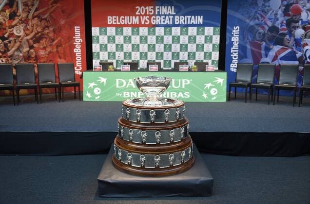 The trophy pictured during the draw of the final Davis Cup Between Belgium and Great Britain on november 27 28 29, 2015 in Flanders expo in Gent, Belgium. 26 11 2015 Trophee - Saladier Argent TENNIS : Presentation Finale Coupe Davis - Grande Bretagne vs Belgique - Gand - 26 11 2015 PhotoNews Panoramic 