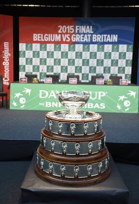 the trophy pictured during the draw of the final Davis Cup Between Belgium and Great Britain on november 27 28 29, 2015 in Flanders expo in Gent, Belgium. 26 11 2015 Trophee - Saladier Argent TENNIS : Presentation Finale Coupe Davis - Grande Bretagne vs Belgique - Gand - 26 11 2015 PhotoNews Panoramic 