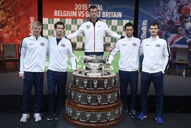 The Great Britain Davis Cup team Kyle Edmund Andy Murray Leon Smith captain and James Ward and Jamie Murray pictured - Trophee TENNIS : Presentation Finale Coupe Davis - Grande Bretagne vs Belgique - Gand - 26 11 2015 PhotoNews Panoramic 