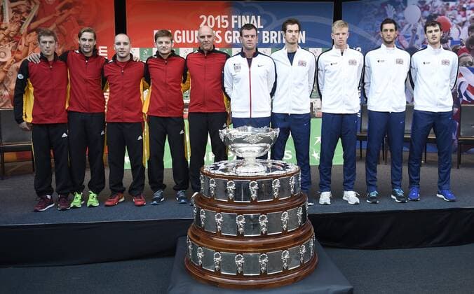 The Great Britain Davis Cup team Kyle Edmund Andy Murray Leon Smith captain and James Ward and Jamie Murray and Kimmel Coppejans David Goffin Johan Van Herck captain Steve Darcis and Ruben Bemelmans of Belgium Davis Cup team pictured - Trophee TENNIS : Presentation Finale Coupe Davis - Grande Bretagne vs Belgique - Gand - 26 11 2015 PhotoNews Panoramic 