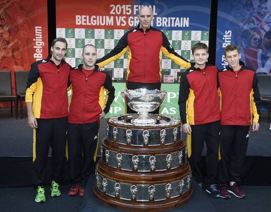 Kimmel Coppejans David Goffin Johan Van Herck captain Steve Darcis and Ruben Bemelmans of Belgium Davis Cup team pictured - Trophee TENNIS : Presentation Finale Coupe Davis - Grande Bretagne vs Belgique - Gand - 26 11 2015 PhotoNews Panoramic 