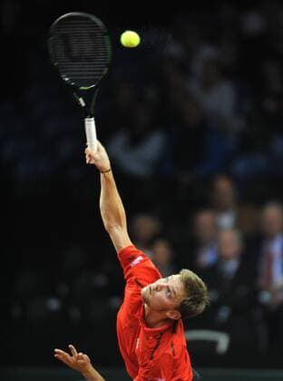Tennis - 2015 Davis Cup by BNP Paribas - World Group Final: Belgium vs. Great Britain Day One Rubber One: Singles David Goffin (Bel) vs. Kyle Edmund (GB) Belgium s Goffin in action during the first set, at the Flanders Expo, Ghent. COLORSPORT JANE BARLOW 