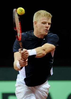 Tennis - 2015 Davis Cup by BNP Paribas - World Group Final: Belgium vs. Great Britain Day One Rubber One: Singles David Goffin (Bel) vs. Kyle Edmund (GB) Great Britain s Kyle Edmund in action during the first set, at the Flanders Expo, Ghent. COLORSPORT JANE BARLOW 