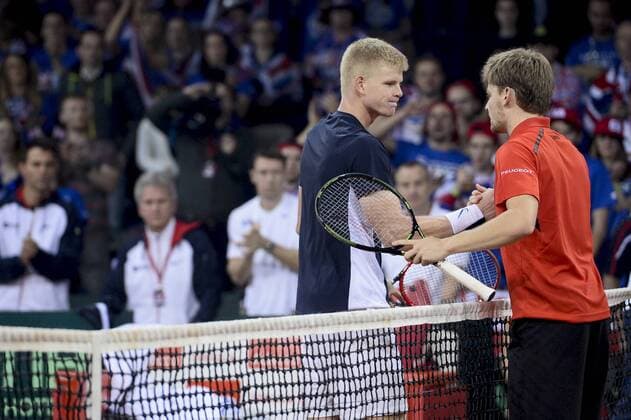 - GENT, BELGIUM: Britain Kyle Edmund and Belgian David Goffin shake hands after the first game between Belgian David Goffin and Britain Kyle Edmund in the Davis Cup World Group final between Belgium and Great Britain, Friday 27 November 2015, at Flanders Expo in Gent. DIRKxWAEM  x04747460x