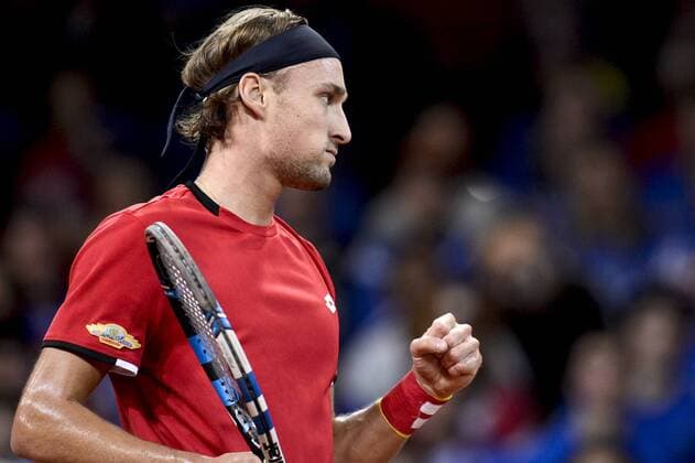 - GENT, BELGIUM: Belgian Ruben Bemelmans celebrates during the second game between Belgian Ruben Bemelmans and Britain Andy Murray in the Davis Cup World Group final between Belgium and Great Britain, Friday 27 November 2015, at Flanders Expo in Gent. DIRKxWAEM  x04747485x