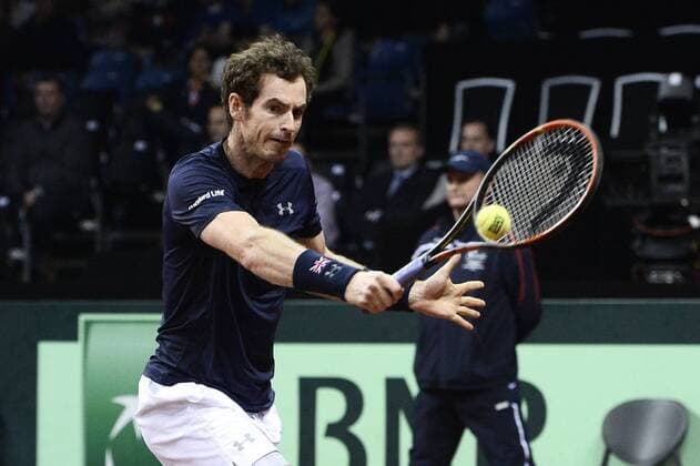 - GENT, BELGIUM: Britain s Andy Murray pictured in action during the second game between Belgian Ruben Bemelmans and Britain Andy Murray in the Davis Cup World Group final between Belgium and Great Britain, Friday 27 November 2015, at Flanders Expo in Gent. DIRKxWAEM  x04747487x